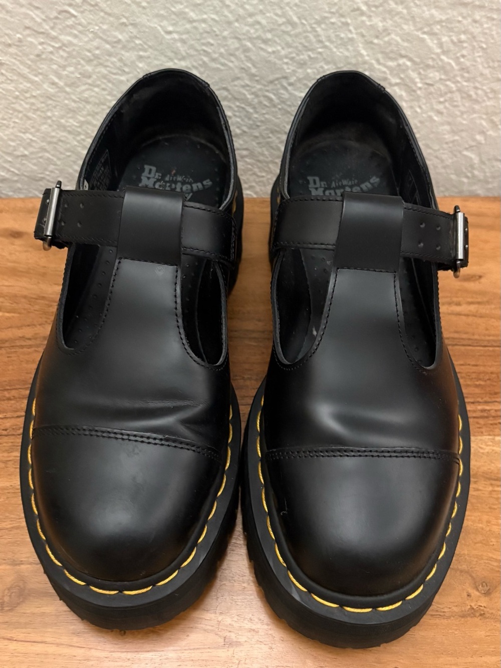 Dr. Martens Black Kids T‑Bar Shoes with Yellow Stitching